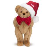 15" Christmas Classic Bear - Standing jointed bear dressed in white red velvet bow tie with red velvet santa hat with white fur trim. Hat is personalized with "Dan" above the fur  - Honey brown fur image number 1