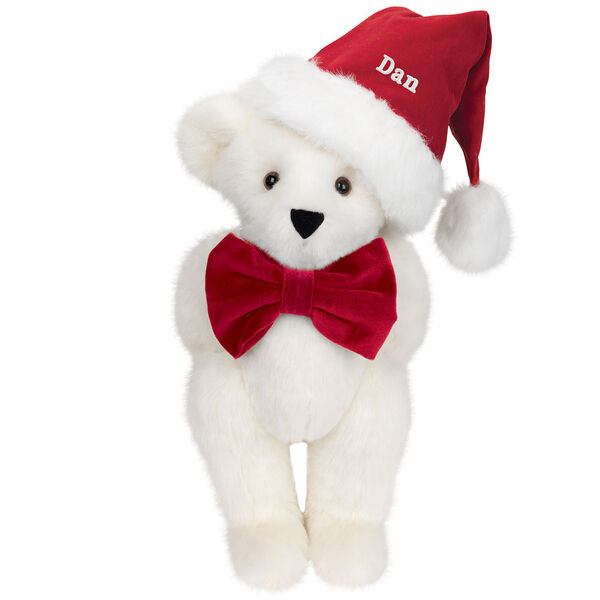 15" Christmas Classic Bear - Standing jointed bear dressed in white red velvet bow tie with red velvet santa hat with white fur trim. Hat is personalized with "Dan" above the fur  - Vanilla white fur image number 3