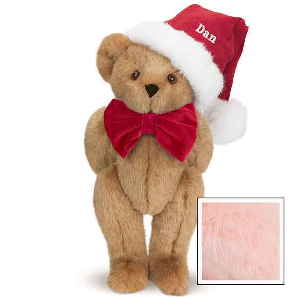 15" Christmas Classic Bear - Standing jointed bear dressed in white red velvet bow tie with red velvet santa hat with white fur trim. Hat is personalized with "Dan" above the fur  - Pink image number 6