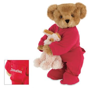 15" Christmas Bedtime Bear with Puppy - Standing jointed bear dressed in white red dropseat onesie with 6" tan puppy. Inset image shows "Jonathan" personalized on rear flap of PJ in white - Honey brown fur