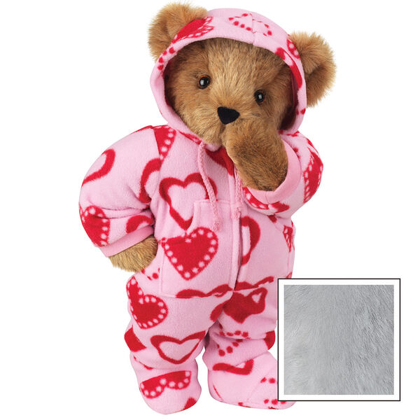 15" Hoodie-Footie Sweetheart Bear - Front view of standing jointed bear dressed in pink hoodie footie with red heart pattern personalized with "Anne" in black on left chest - Gray