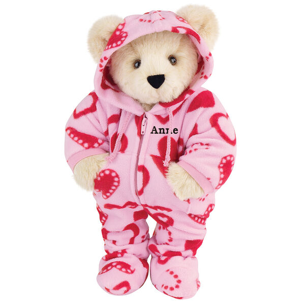 15" Hoodie-Footie Sweetheart Bear - Front view of standing jointed bear dressed in pink hoodie footie with red heart pattern personalized with "Anne" in black on left chest - Buttercream brown fur