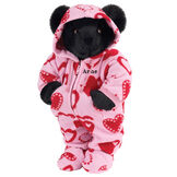 15" Hoodie-Footie Sweetheart Bear - Front view of standing jointed bear dressed in pink hoodie footie with red heart pattern personalized with "Anne" in black on left chest - Black fur image number 4