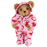 15" Hoodie-Footie Sweetheart Bear - Front view of standing jointed bear dressed in pink hoodie footie with red heart pattern personalized with "Anne" in black on left chest - Honey brown fur image number 0