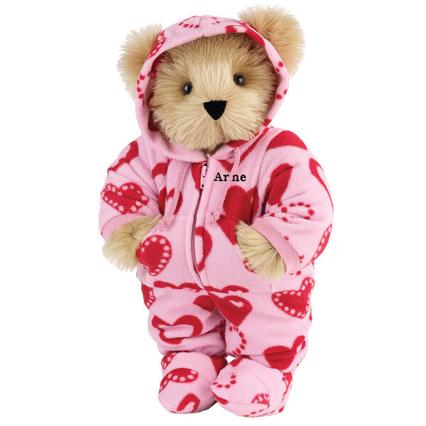 15" Hoodie-Footie Sweetheart Bear - Front view of standing jointed bear dressed in pink hoodie footie with red heart pattern personalized with "Anne" in black on left chest - Maple brown fur image number 7