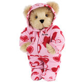 15" Hoodie-Footie Sweetheart Bear - Front view of standing jointed bear dressed in pink hoodie footie with red heart pattern personalized with "Anne" in black on left chest - Maple brown fur image number 7