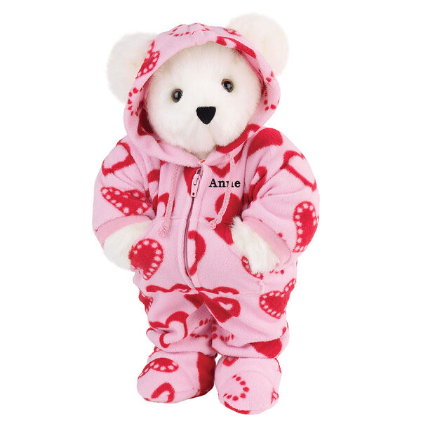 15" Hoodie-Footie Sweetheart Bear - Front view of standing jointed bear dressed in pink hoodie footie with red heart pattern personalized with "Anne" in black on left chest - Vanilla white fur image number 3