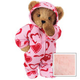 15" Hoodie-Footie Sweetheart Bear - Front view of standing jointed bear dressed in pink hoodie footie with red heart pattern personalized with "Anne" in black on left chest - Pink image number 5