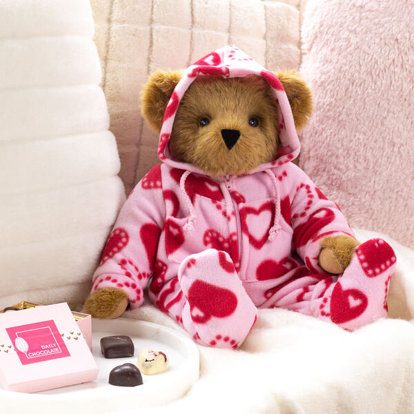 15" Hoodie-Footie Sweetheart Bear - Front view of bear in pink hoodie footie in a Valentine's Day scene