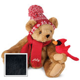 15" Season's Greetings Bear - Front view of seated jointed bear dressed in a knit red and white nordic patterned hat with red scarf and holding a red cardinal. Bottom edge of scarf is personalized with "Lily" in white lettering - Black image number 4