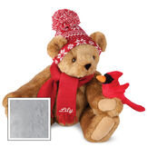 15" Season's Greetings Bear - Front view of seated jointed bear dressed in a knit red and white nordic patterned hat with red scarf and holding a red cardinal. Bottom edge of scarf is personalized with "Lily" in white lettering - Gray image number 5