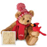 15" Season's Greetings Bear - Front view of seated jointed bear dressed in a knit red and white nordic patterned hat with red scarf and holding a red cardinal. Bottom edge of scarf is personalized with "Lily" in white lettering - Maple brown fur image number 7