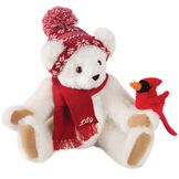 15" Season's Greetings Bear - Front view of seated jointed bear dressed in a knit red and white nordic patterned hat with red scarf and holding a red cardinal. Bottom edge of scarf is personalized with "Lily" in white lettering - Vanilla white fur image number 3