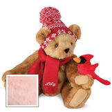 15" Season's Greetings Bear - Front view of seated jointed bear dressed in a knit red and white nordic patterned hat with red scarf and holding a red cardinal. Bottom edge of scarf is personalized with "Lily" in white lettering - Pink image number 6