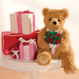 20" World's Softest Bear with Rose Bouquet - 20" seated Golden brown bear with fabric bouquet of red roses image number 1