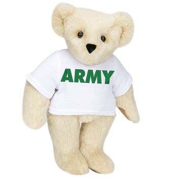 15" Army T-Shirt Bear - Standing jointed bear dressed in a white t-shirt says, "ARMY" in green lettering on the front of the shirt - Buttercream brown fur