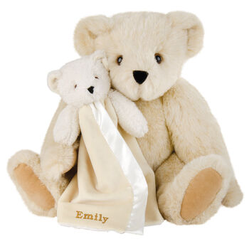 15" Cuddle Buddies Gift Set - Front view of seated jointed bear with ivory bear blanket with stroller strap personalized with "Emily" in gold lettering on corner of blanket - Buttercream brown fur