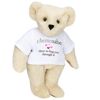 15" Chemosabe T-Shirt Bear - Standing jointed bear dressed in white t-shirt with gray and pink graphic with hearts that says, "chemosabe, Here to hug you through it" - Buttercream brown fur