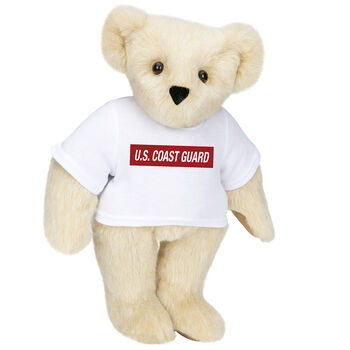 15" Coast Guard T-Shirt Bear - Front view of standing jointed bear dressed in white t-shirt with dark red graphic that says, "U.S. COAST GUARD" - Buttercream brown fur