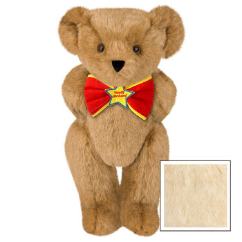 15" "Happy Birthday" Bow Tie Bear - Standing jointed bear dressed in red bow tie with yellow trim; "Happy Birthday" is embroidered on Star center - Buttercream