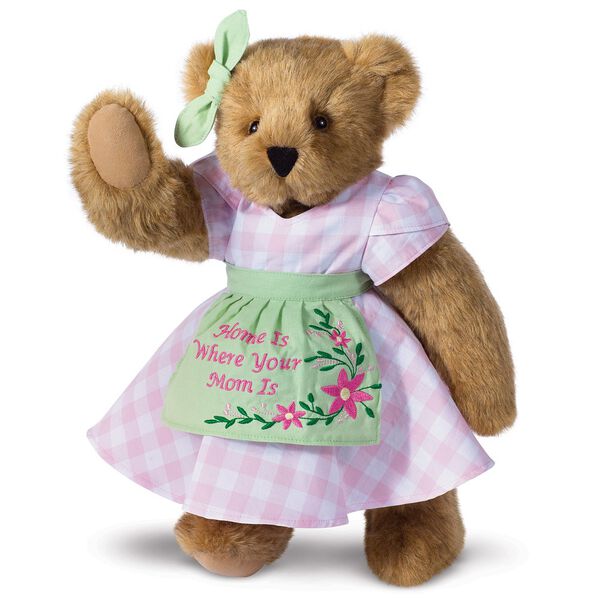 15" Home Is Where Your Mom Is Bear - Front view of standing jointed bear wearing a pink gingham dress, green bow and apron with floral embroidery and says "Home is Where Your Mom Is" - Honey brown fur image number 0