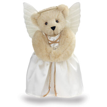15" Angel Bear - Standing jointed bear in a ivory satin dress with satin angel wings and gold metallic halo - Buttercream brown fur