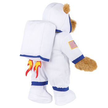 15" Astronaut Bear - Back view of standing jointed bear dressed in white space suit, boots, helmet and jet pack with shooting flames - Honey brown fur