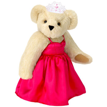 15" Birthday Girl Bear - Standing jointed bear dressed in hot pink satin dress and bejeweled tiara - Buttercream brown fur