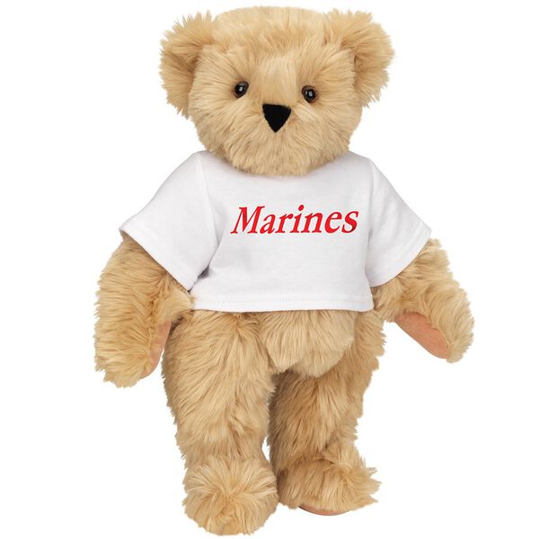 15" Marines T-Shirt Bear - Front view of standing jointed bear dressed in white t-shirt with red graphic that says, "Marines" - Maple brown fur image number 6