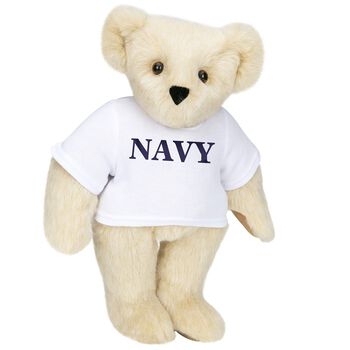 15" Navy T-Shirt Bear - Front view of standing jointed bear dressed in white t-shirt with navy blue graphic that says, "Navy" - Buttercream brown fur