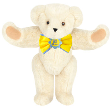 15" "Get Well" Bow Tie Bear - Standing jointed bear dressed in yellow bow tie with blue trim; "Get Well Soon" is embroidered on floral center - Buttercream brown fur