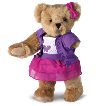 15" Limb Loss and Limb Difference Bear - Three quarter view of standing  jointed bear dressed in a Glitter Whimsy outfit - Honey brown fur