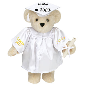 15" Graduation Bear in White Gown - Front view of standing jointed bear dressed in white satin graduation gown and cap and holding a rolled up diploma personalized "Jackson 2023" on right sleeve and "Syracuse" on left in gold - Buttercream 