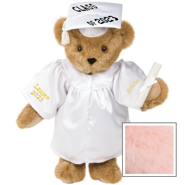 15" Graduation Bear in White Gown - Front view of standing jointed bear dressed in white satin graduation gown and cap and holding a rolled up diploma personalized "Jackson 2023" on right sleeve and "Syracuse" on left in gold - Pink image number 5