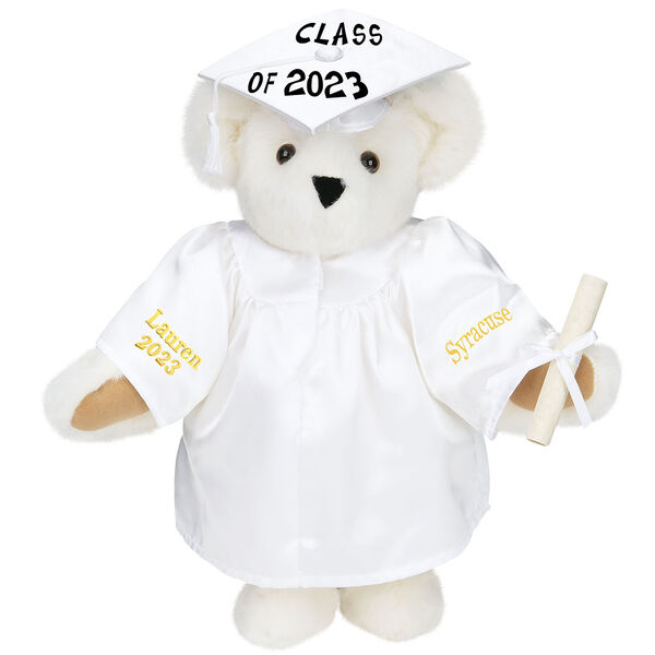 15" Graduation Bear in White Gown - Front view of standing jointed bear dressed in white satin graduation gown and cap and holding a rolled up diploma personalized "Jackson 2023" on right sleeve and "Syracuse" on left in gold - Vanilla image number 2