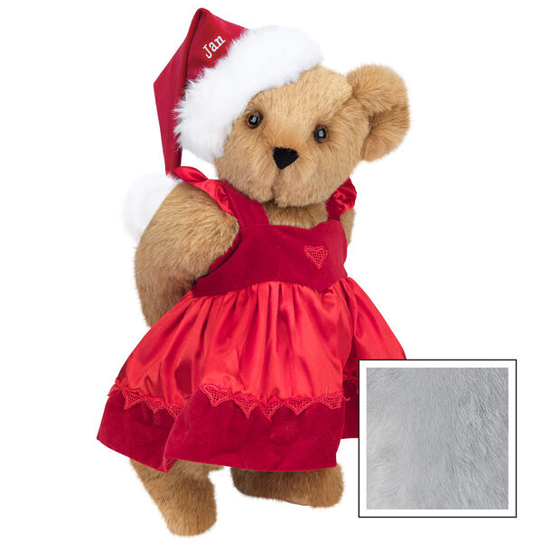 15" Christmas Sweetheart Bear - Standing jointed bear dressed in white red velvet dress with heart lace trim and red velvet santa hat with white fur trim. Hat is personalized with "Jan" above the fur - Gray image number 4