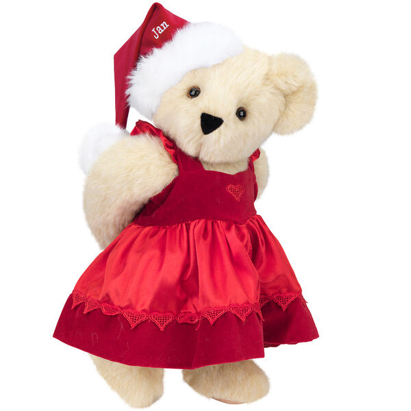 15" Christmas Sweetheart Bear - Standing jointed bear dressed in white red velvet dress with heart lace trim and red velvet santa hat with white fur trim. Hat is personalized with "Jan" above the fur  - Buttercream brown fur image number 1