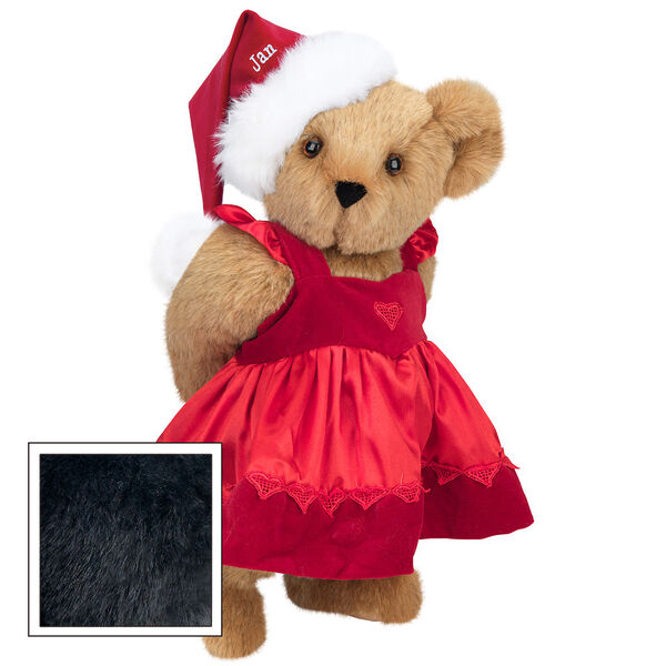 15" Christmas Sweetheart Bear - Standing jointed bear dressed in white red velvet dress with heart lace trim and red velvet santa hat with white fur trim. Hat is personalized with "Jan" above the fur  - Black fur image number 3