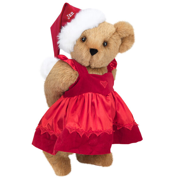 15" Christmas Sweetheart Bear - Standing jointed bear dressed in white red velvet dress with heart lace trim and red velvet santa hat with white fur trim. Hat is personalized with "Jan" above the fur  - Honey brown fur image number 0