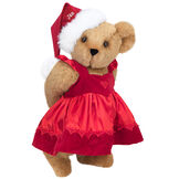 15" Christmas Sweetheart Bear - Standing jointed bear dressed in white red velvet dress with heart lace trim and red velvet santa hat with white fur trim. Hat is personalized with "Jan" above the fur  - Honey brown fur image number 0