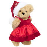 15" Christmas Sweetheart Bear - Standing jointed bear dressed in white red velvet dress with heart lace trim and red velvet santa hat with white fur trim. Hat is personalized with "Jan" above the fur  - Maple brown fur image number 6