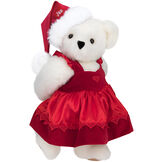 15" Christmas Sweetheart Bear - Standing jointed bear dressed in white red velvet dress with heart lace trim and red velvet santa hat with white fur trim. Hat is personalized with "Jan" above the fur  - Vanilla white fur image number 2