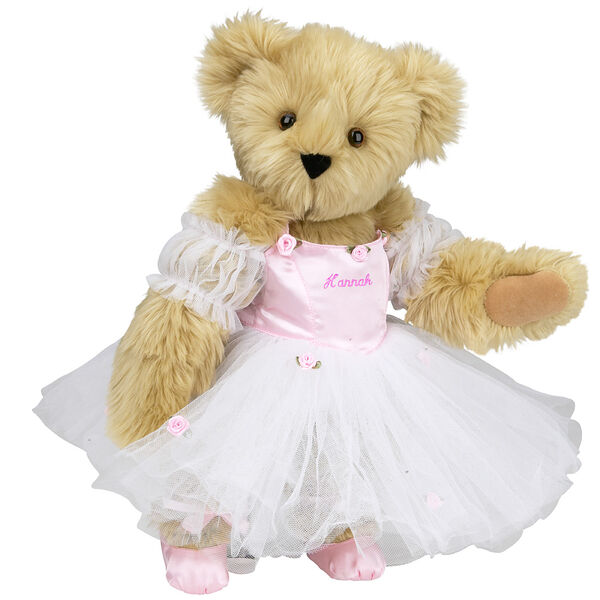 15" Ballerina Bear - Standing jointed bear dressed in pink satin and tulle dress and ballet slippers. Center front of dress is personalized with "Hannah" in bright pink lettering - Maple brown fur image number 5