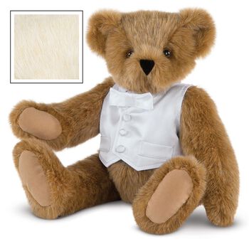 15" Special Occasion Boy Bear - Three quarter view of seated jointed bear dressed in a white satin vest and shirt front with bowtie - Buttercream brown fur