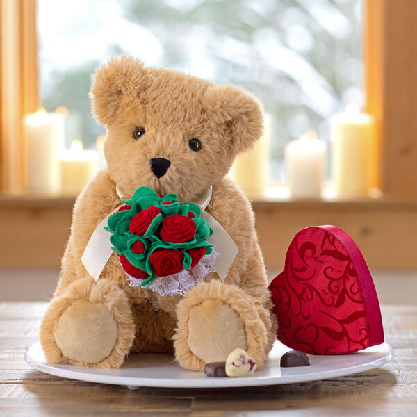 20" World's Softest Bear with Rose Bouquet - 20" seated Golden brown bear presented as a Valentine's Day gift image number 0