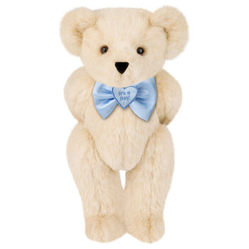 15" "It's a Boy!" Bow Tie Bear - Standing jointed bear dressed in light blue satin bow tie with "It's a Boy!" is embroidered on heart center - Buttercream brown fur