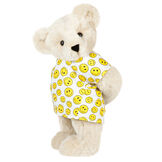 15" Get Well Bear - Three quarter view of standing jointed bear dressed in a white johnny with yellow happy faces - Buttercream brown fur image number 3