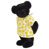 15" Get Well Bear - Three quarter view of standing jointed bear dressed in a white johnny with yellow happy faces - Black fur image number 5