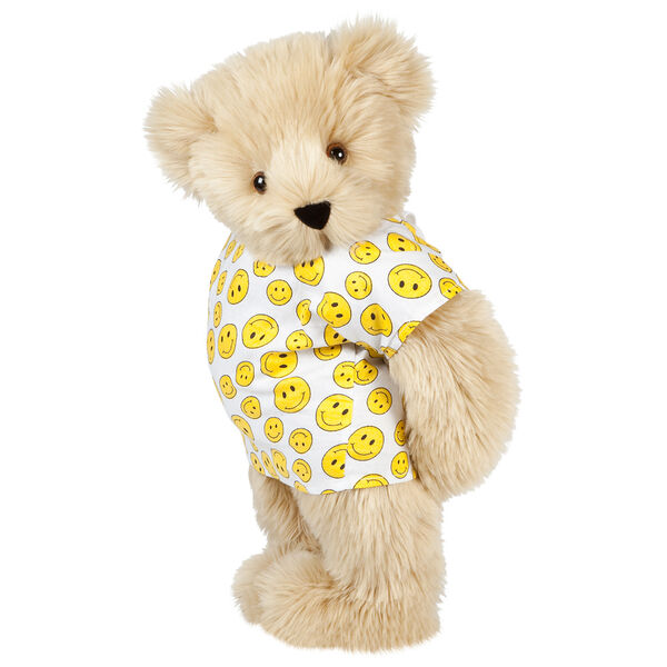 15" Get Well Bear - Three quarter view of standing jointed bear dressed in a white johnny with yellow happy faces - Maple brown fur