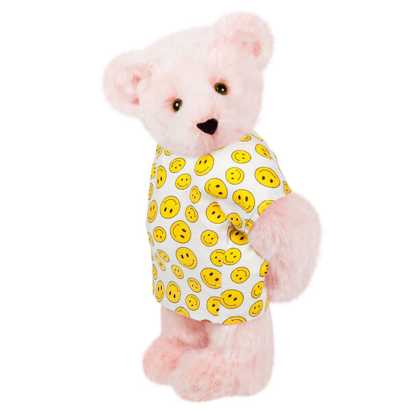 15" Get Well Bear - Three quarter view of standing jointed bear dressed in a white johnny with yellow happy faces - Pink fur
